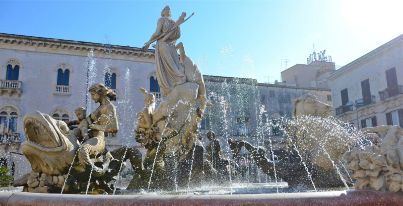 Fontana di Diana in Syracuse, Italy.  Photo © by Mike Jack.