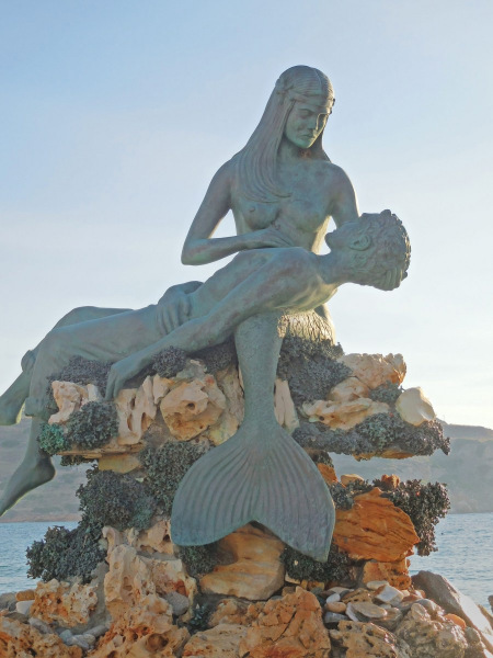 Mermaid and Fisherman statue on Syros. Photo © by Susan Hodgkins.