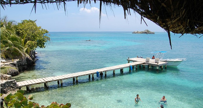 Isla Pirata Mermaid Statue (in water near center).  Photo © by Hotel Isla del Pirata.
