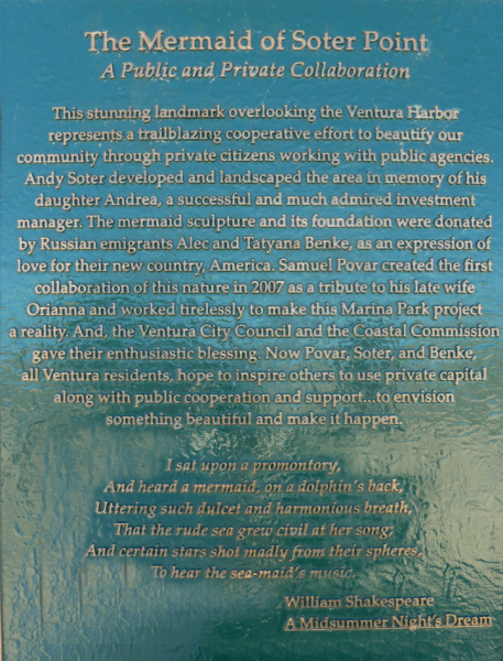 Inscription with the story of the Soter Point Mermaid statue.