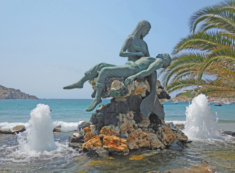 Mermaid and Fisherman statue on Syros. Photo © by Susan Hodgkins.